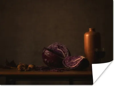 Produktbild von MuchoWow® Poster Stilleben - Rotkohl - Tisch - Malerei - Vase - Dunkelheit - Kunst 80x60 cm - Kunst für zu Hause