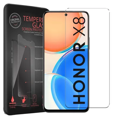 A product image showing the packaging of a screen protector for a Honor X8 phone, along with the phone itself displaying the screen protector. The packaging details features of the screen protector.