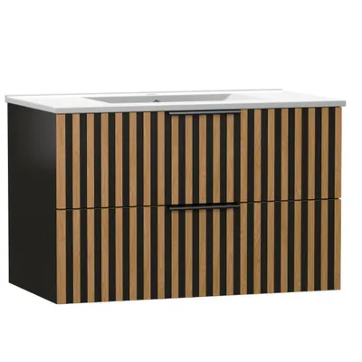 Image de Meuble sous lavabo avec lavabo en céramique MERU Chêne noir naturel 80 x 50 x 46 cm Armoire de salle de bain à fermeture douce avec 2 tiroirs Salle de bain