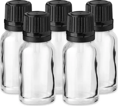 Produktbild von 5x Klare Glasflasche 15 ml mit schwarzem Tropfeinsatz Medizinflasche
