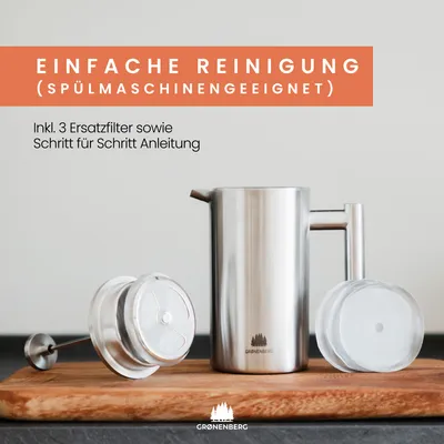 Produktbild von French Press 0,6 L Edelstahl | Kaffeebereiter Kaffeepresse mit Thermo Effekt | Inkl. 3 Ersatzfilter