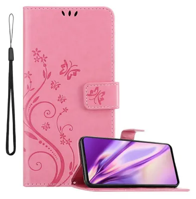 A pink flip phone case with a floral and butterfly design, shown with a smartphone inside.