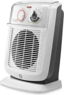 A white and gray De'Longhi electric heater is shown against a white background.