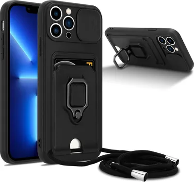 Produktbild von Cadorabo Handy Kette mit Standfunktion für Apple iPhone 13 PRO in SCHWARZ - Silikon Schutzhülle mit verstellbaren Kordel Band