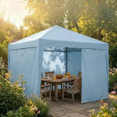 Image de Pavillon de jardin 3 x 3 mètres - Tente de fête pop-up - Installation facile par une seule personne - 4 parois latérales - Toit étanche - Structure en acier réglable en hauteur - Couleur : bleu