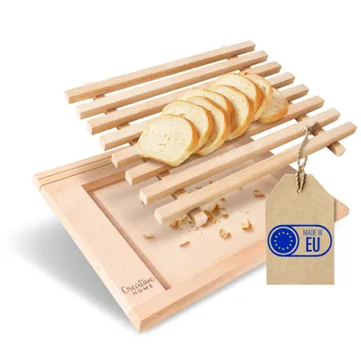 Obrázek produktu pro Creative Home Prkénko na Krájení Chleba z Bukového Dřeva s Lapačem Drobků | 35,5 x 28,5 x 2 cm | Praktické Prkénko na Drobky a Přihrádka na Nože | Prkénko na Krájení s Mřížkou | Dokonalé Prkénko na Chleba s Lapačem Drobků
