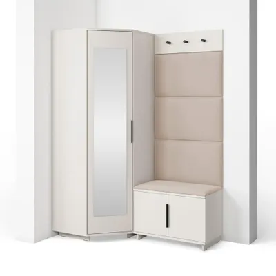 Produktbild von Garderoben-Set Napoli Version 17: Eckschrank mit Polsterpaneelen, Schuhschrank und Schrankaufsatz Flur und Eingangsbereich (Cashmere/Trinity 02)