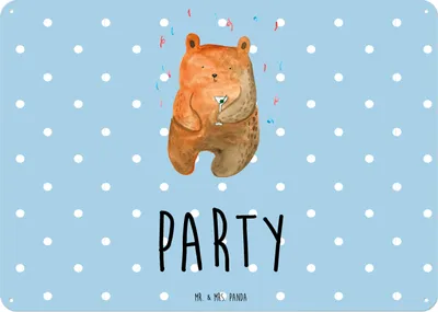 Produktbild von Mr. & Mrs. Panda Magnetschild Bär Party DIN A3 - Blau Pastell - Geschenk, Geburtstag, Schild, Türschild, Mitbringsel, wandtafel, Gute Laune, Metallschild, Wandbild, tafel