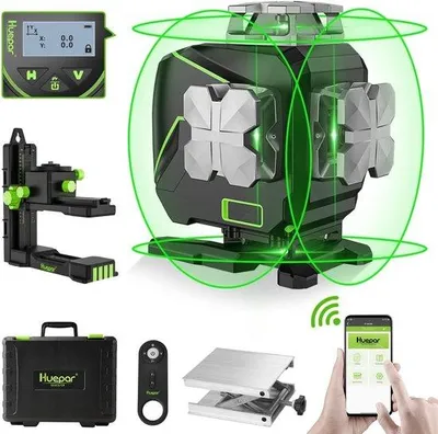 Obrázok produktu pre Automatická laserová vodováha so 4 zelenými lúčmi s rozsahom 360° a LCD displejom – horizontálne a vertikálne
