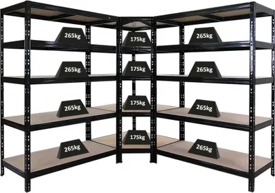 Produktbild von Mega Deal Tiger | 1x Eckregal + 2x Schwerlastregal 180x120x60cm | Fachlast 175 + 265 kg | Schwarz