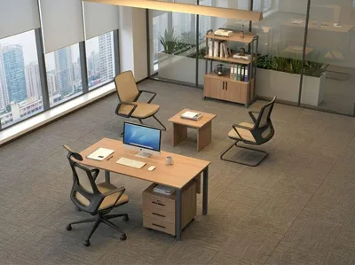 Immagine prodotto di Set da ufficio beige, struttura in metallo robusta, design moderno e minimalista, Immagine generata dall'IA