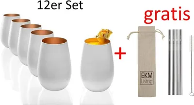 Image de Stölzle Lausitz Becher 12er Set 465 ml matt weiß und bronze Wassergläser 3520012 + Gratis 4er Set EKM Living Edelstahl Trinkhalme
