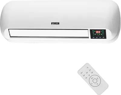 A white ceramic split wall heater and its remote control are shown against a white background.