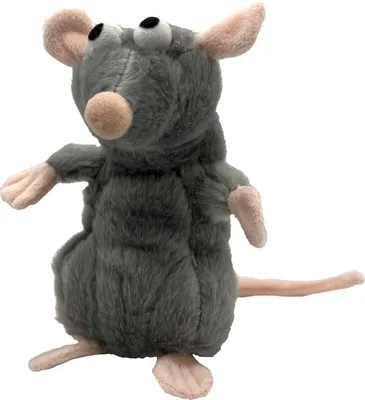 A plush toy rat against a white background.