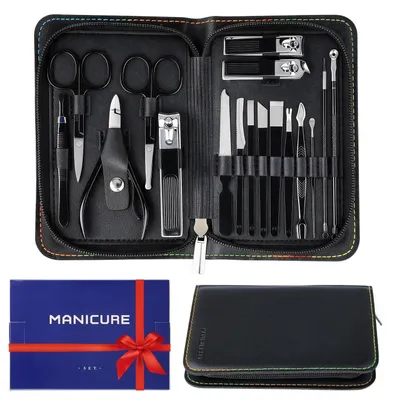 Produktbild von Maniküre & Pediküre Set 17-teilig Edelstahl mit Lederetui Schwarz