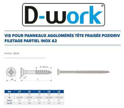 Image de 200 Vis Bois Tête Fraisée Pozidriv F/Partiel 5 x 50 mm - Inox A2 - D-Work