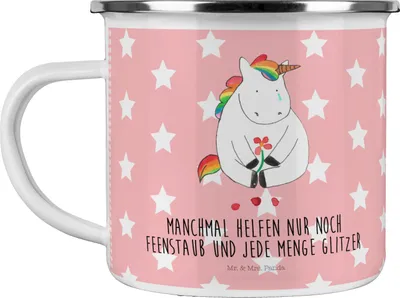 Produktbild von Mr. & Mrs. Panda Emaille Becher Einhorn Traurig - Rot Pastell - Geschenk, Haferl, Glitzer, Pott, Liebe, Unicorn, Tasse, Blume, Teetasse, Einhörner, Trauer, Reisebecher