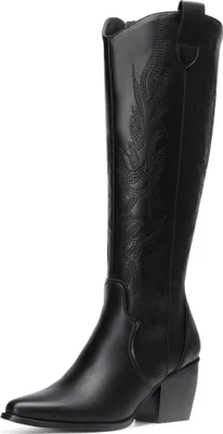 Produktbild von DREAM PAIRS Kniehohe Damen Westernstiefel, bequemer, klobiger Blockabsatz, spitzer Zehenbereich, seitlicher Reißverschlusss, Wildleder-Slouch-Reitstiefel ,Farbe: Schwarz Pu, Größe: 39
