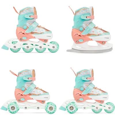 A collage of four images showing a pair of adjustable roller skates/ice skates in orange and mint colors.