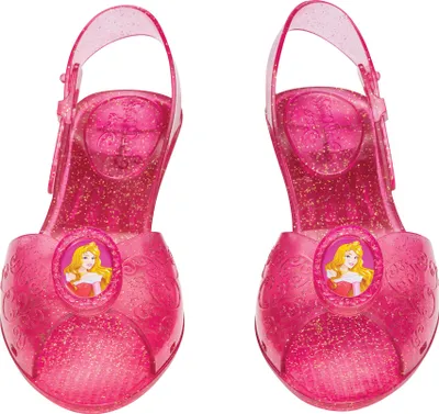 Produktbild von Disguise Disney Prinzessin Aurora Jelly-Schuhe für Kinder, offizielles Disney-lizenziertes Verkleidungsaccessoire von , pinkes Glitzerdesign mit Charakterbrosche, bequeme Passform mit detailreichem Design, Karnevalskostüm-Schuhe, Kind, Mädchen, Aurora, Film, Disney Prinzessin