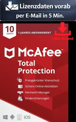 Produktbild von McAfee Total Protection (10 Device - 1 Jahr) ESD Antivirus Sicherheit 5 Min. Versand als Download per Mail