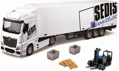 Obrázek produktu pro Bburago 1:43 MB Actros SEDIS Logistics s vysokozdvižným vozíkem a příslušenstvím