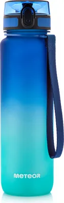A blue and teal gradient water bottle with a dark blue strap and lid, shown against a white background.