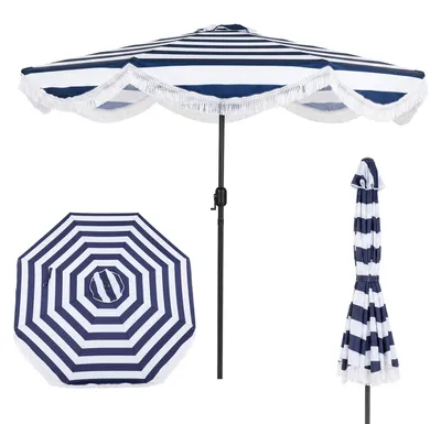 Zdjęcie produktu dla COSTWAY Parasol Boho, parasol ogrodowy 270 cm z korbą i frędzlami, parasol balkonowy z możliwością pochylania o 30° w obie strony, parasol tarasowy w niebiesko-białe paski