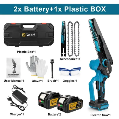 Image de Scie à chaîne électrique sans fil 20 cm - Scie à chaîne sans balais - 18V - Idéale pour la coupe de bois et l'entretien du jardin - 2 batteries incluses