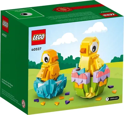 The image shows the packaging of a LEGO set featuring two Easter chicks in eggs.