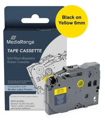 Produktbild von MediaRange Kunststoff-Schriftbandkassette, für/ersetzt Dymo® 91222/S0721670, permanent haftend, 12mm, 4m, laminiert, schwarz auf gelb, Schwarz auf gelb, Grau, Kunststoff, Brother, TZ-611/TZe-611, 6 mm