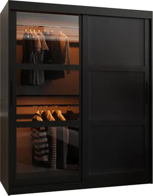 A black sliding door wardrobe with clothes hanging inside.