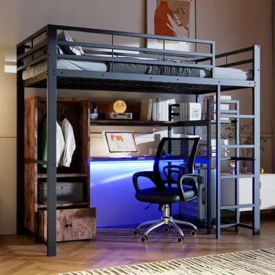 Zdjęcie produktu dla Metalowe łóżko piętrowe z oświetleniem LED, biurkiem, szufladą, półkami, barierkami i schodami - bez materaca, wymiary 140x200 cm, kolor czarny