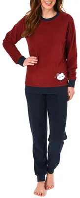 Produktbild von Damen Frottee Pyjama langarm Schlafanzug mit Bündchen und süsser Applikation - 201 13 565 ; rot , 36/38