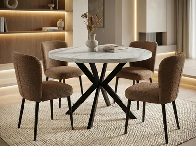 Produktbild von Runder Ausziehbarer Esstisch in Weißer Marmoroptik - Loft Style Tisch mit Metallbeinen - 100 bis 180 cm - Industrieller Tisch für Wohnzimmer - Spacesaver - Marmor Weiß - 100 cm