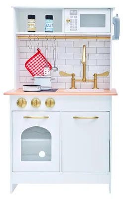 Produktbild von Teamson Kids Little Chef Boston Kompakte Bauernhaus-Spielküche aus Holz mit realistischer Spüle, Backofen und Mikrowelle, Weiß/Gold