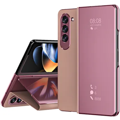 Obrázek produktu pro Pouzdro na Samsung Galaxy Z Fold 5 průhledný zrcadlový kryt, stojánek zPolyuretankůže Růžové zlato