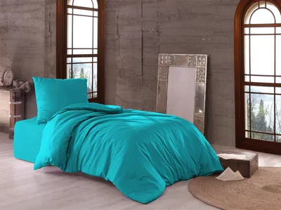 A bedroom scene with a bed made with turquoise bedding, a mirror, and a window overlooking a landscape.