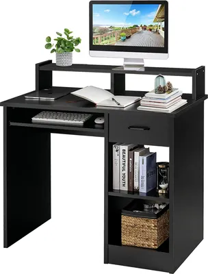 Obrázok produktu pre Pracovný počítačový stôl PC stôl, kancelársky stôl pracovný stôl so stojanom na monitor, moderný kancelársky stôl so zásuvkou a policami, počítačový stôl s úložným priestorom (čierny)