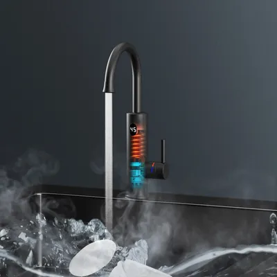 Produktbild von OihPaw 360°Drehbarer Küchenhahn mit Durchlauferhitzer, 3000W, 95°C Auto-Abschalt, schwarz, 38cm