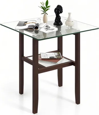 Produktbild von GOPLUS Couchtisch aus Glas, 2-stufiger Kaffeetisch mit Ablagefach & Massivholzbeinen, Transparent und Braun, 61 x 61 x 62 cm