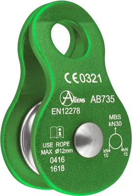 Umlenkrolle STANDARD PULLEY 30 kN von Aliens; grün; für Seile bis 12 mm Durchmesser; mit Sicherheitskennzeichnung.