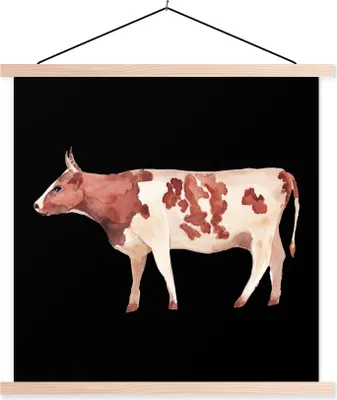 Produktbild von MuchoWow® Textilposter Kuh - Tier - Schwarz 60x60 cm mit holzfarbenen Rahmen - Wanddekoration