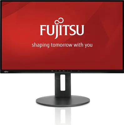 A Fujitsu monitor on a stand, displaying the Fujitsu logo and slogan.