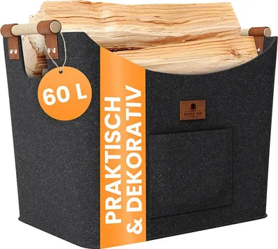 Produktbild von BLACK OAK Kaminholzkorb Montana Wohnzimmer XL 60L Filzkorb dunkelgrau faltbar mit Griffen und Fronttasche – Kaminholz Aufbewahrung Filz