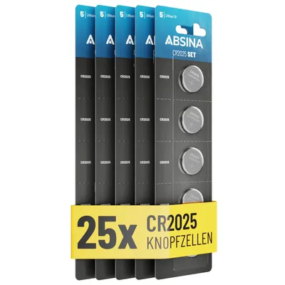 Produktbild von ABSINA Knopfzellen CR2025 25er Pack - CR 2025 Knopfzelle auslaufsicher & langer Haltbarkeit - CR2025 Batterien Knopfzellen