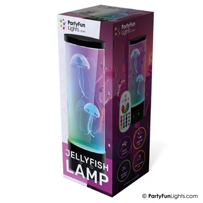 Obrázok produktu pre Akváriová lampa PartyFunLights s 2 plávajúcimi medúzami, blikajúcimi svetelnými efektmi, diaľkovým ovládaním, prevádzka na batérie 3x AA (lampa) a 2x AAA (diaľkové ovládanie) (nie sú súčasťou balenia) alebo prevádzka na kábel USB (je súčasťou balenia)