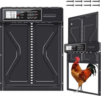 Produktbild von Automatisches Hühnerstall-System - Aluminium, Elektrisch, Batteriebetrieben, Wasserfest, Großes Display, Timer, Handbedienung, Anti-verkrampfungsfunktion