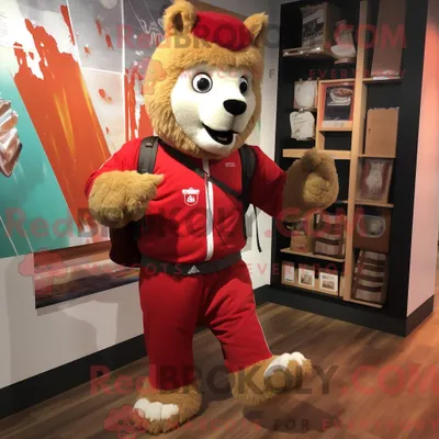Image de Costume de mascotte REDBROKOLY d alpaga rouge habillé d un short de course et de porte-documents