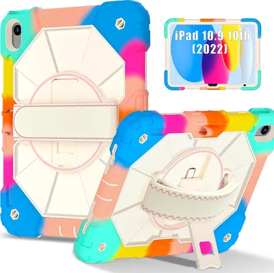 Produktbild von Hülle für iPad 10th Gen 2022 10,9 Zoll Tablette Schutzhülle Stoßfeste mit 360 Drehbarer Handschlaufe/Ständer Bunt Pink